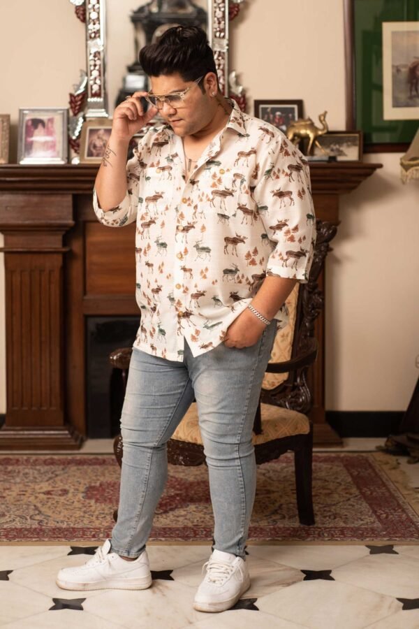 Fawnblend - White Printed Oversized Linen Blend Shirt