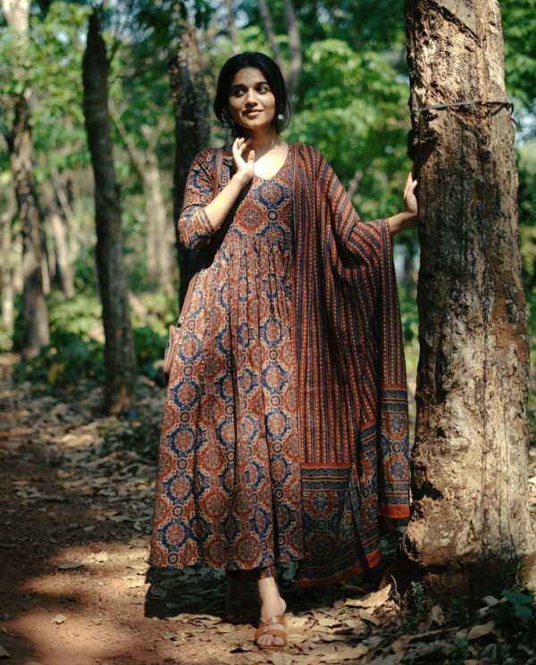 Unveil Elegance: Trendy Aaliya Cut Ajrakh Print Anarkali