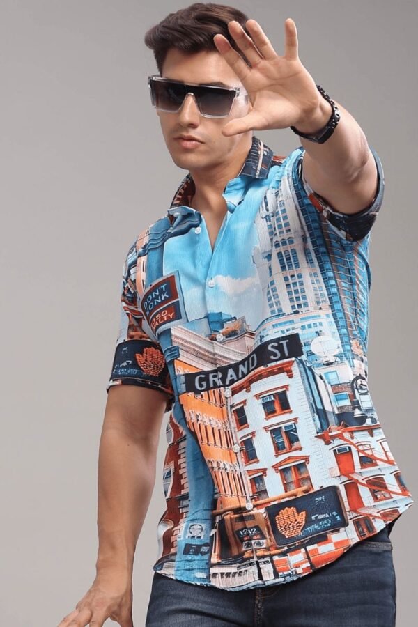 New York Tower Printed Shirt  Half  Wrinkle Free