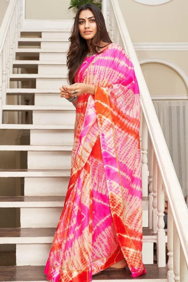 Pink And Orange Leheriya Printed Saree