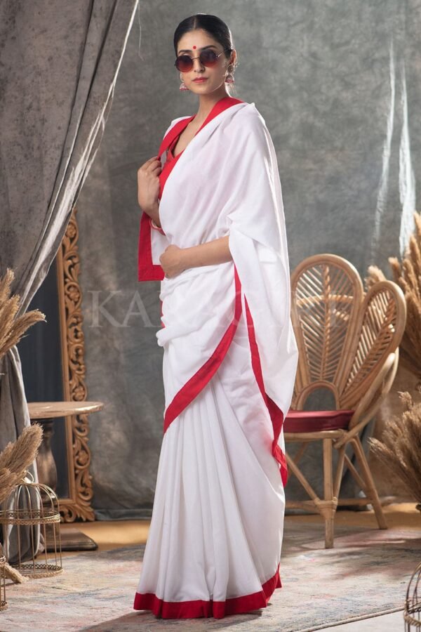 White Red Mul Cotton Saree