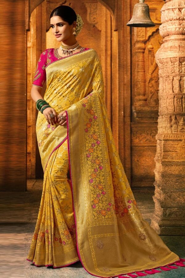 Fresh Yellow Banarasi Saree With Embroidered Silk Blouse