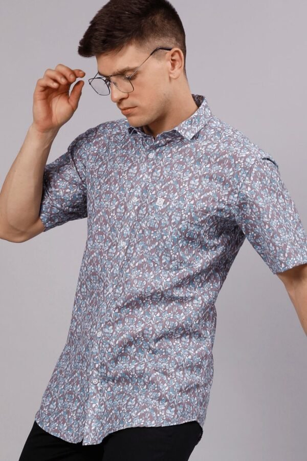 Blue Leaf on Grey Print  Half Sleeve  Stain Proof