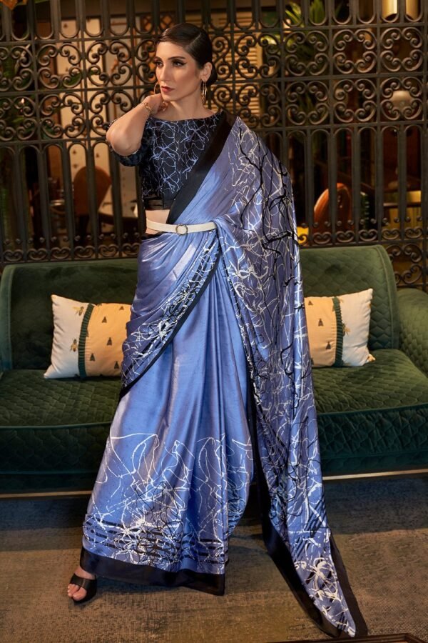 Royal Blue Satin Print Saree