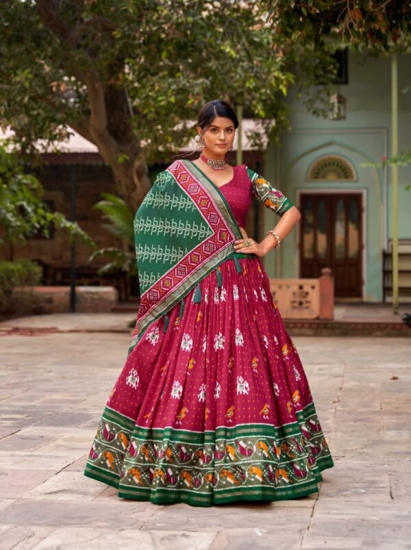 Red Color Floral Print With Foil Work Tussar Silk Printed Lehenga Choli