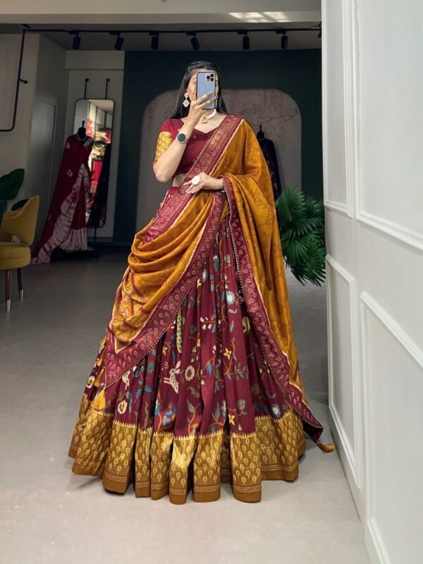 Maroon Color Floral Print With Foil Work Tussar Silk Printed Lehenga Choli