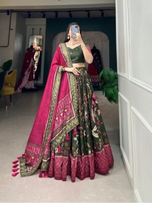 Green Color Floral Print With Foil Work Tussar Silk Printed Lehenga Choli