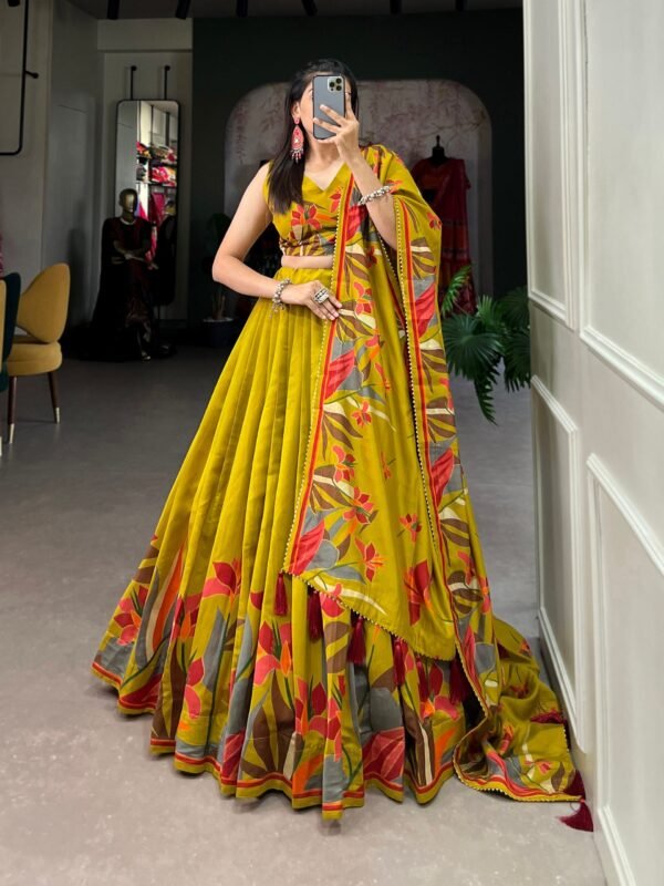 Musterd Color Polyester Viscose Chanderi Floral Print With Foil Work Lehenga Choli