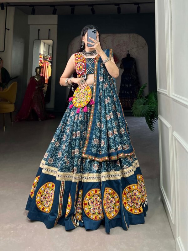 Dark Blue Color Pure Rayon Printed With Foil Work And Gamthi Patch Work With Lace Navratri Lehenga Choli