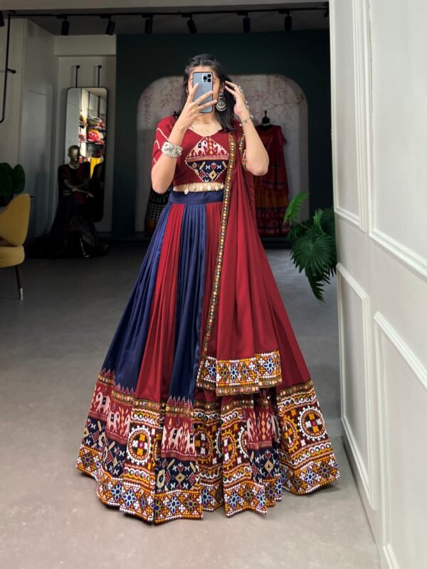 Navy Blue Color Rayon With Printed Silk Plain And Printed With Gamthi Work And Original Mirror Lehenga Choli