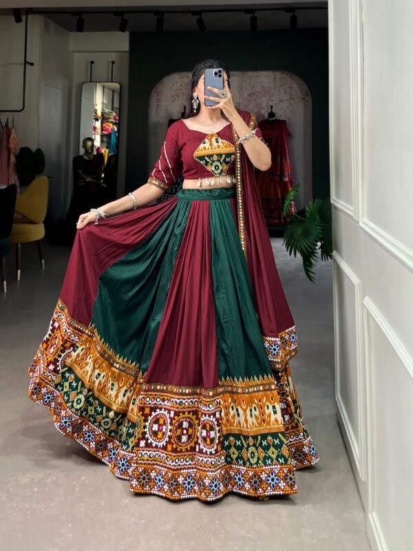 Maroon Color Rayon With Printed Silk Plain And Printed With Gamthi Work And Original Mirror Lehenga Choli