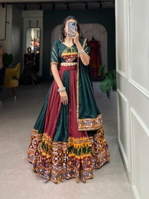 Green Color Rayon With Printed Silk Plain And Printed With Gamthi Work And Original Mirror Lehenga Choli