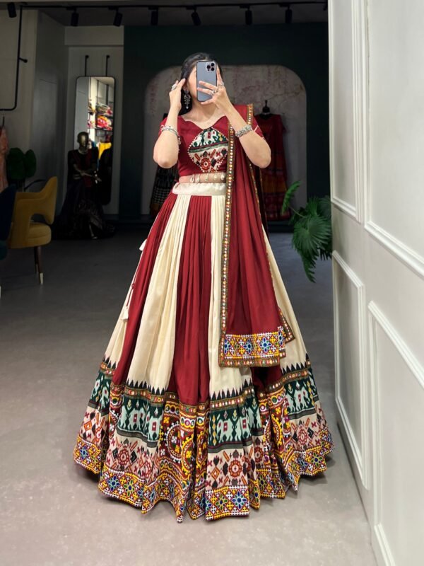 Off White Color Rayon With Printed Silk Plain And Printed With Gamthi Work And Original Mirror Lehenga Choli