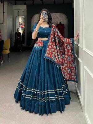 Firozi Color Pure Cotton Plain With Gota Patti Navrarti Lehenga Choli