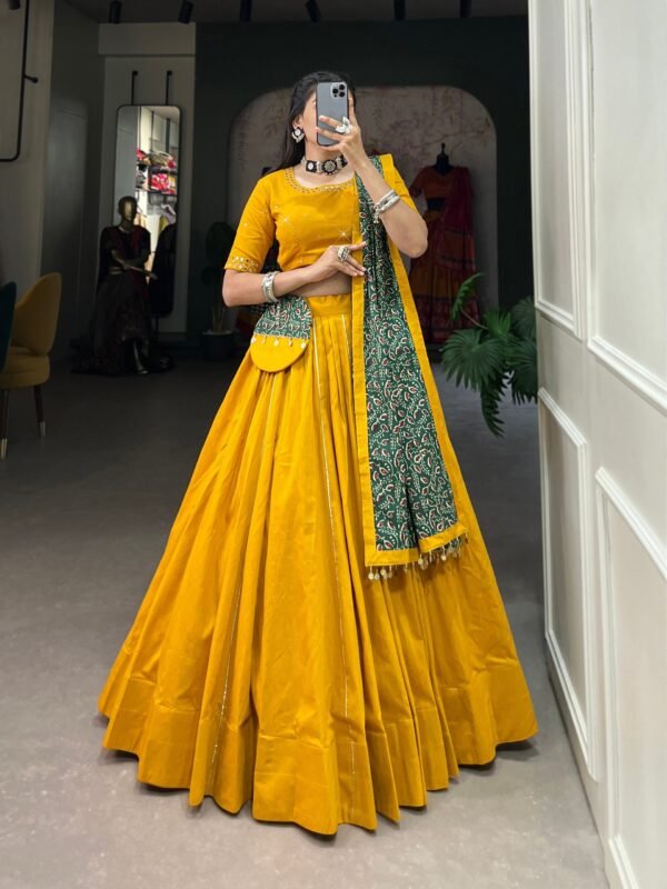 Mustard Color Pure Cotton Plain With Gota Patti Navrarti Lehenga Choli