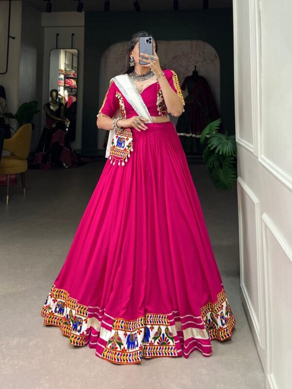 Pink Color Pure Rayon Plain With Gamthi Work And Gota Patii Lace Border Navratri Lehenga Choli