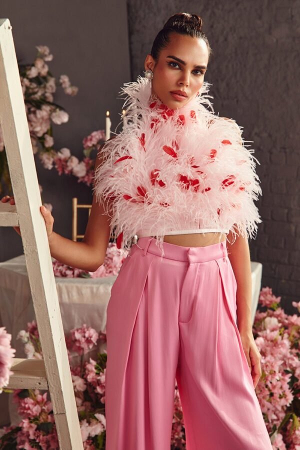 Powder Pink And Red Feather Halter Neck Top