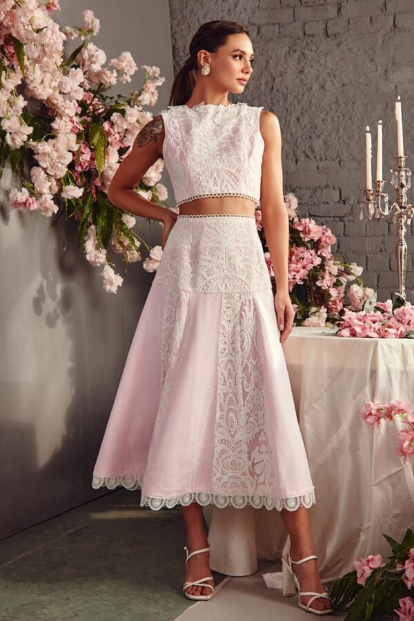 White Panelled Top & Flared Skirt Set