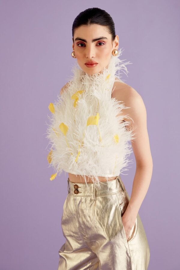 White & Yellow Halter Neck Feather Top