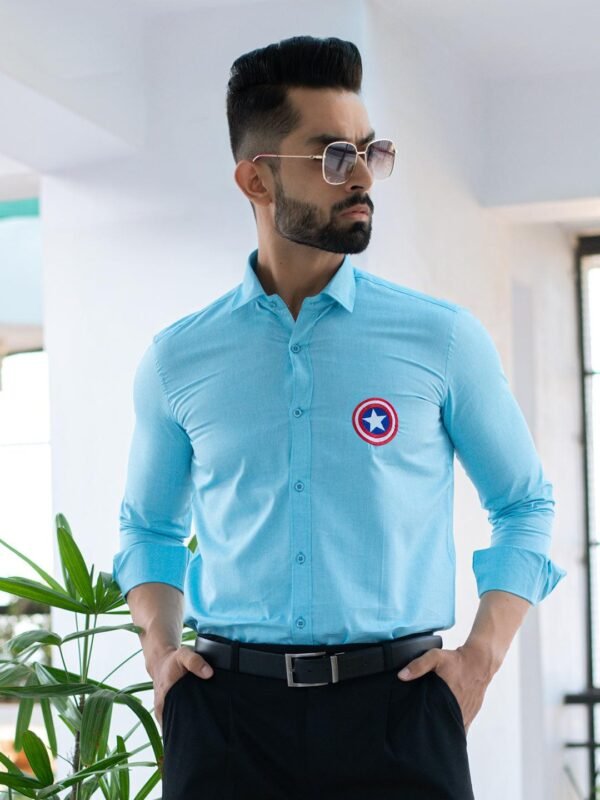 Captain America Embroidered Blue Cotton Shirt