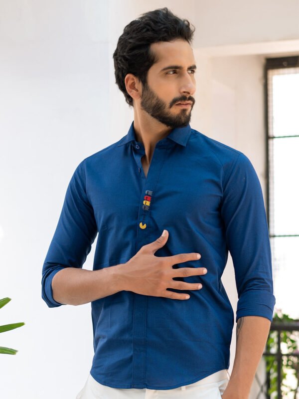 Blue Pac Man Embroidered Cotton Shirt