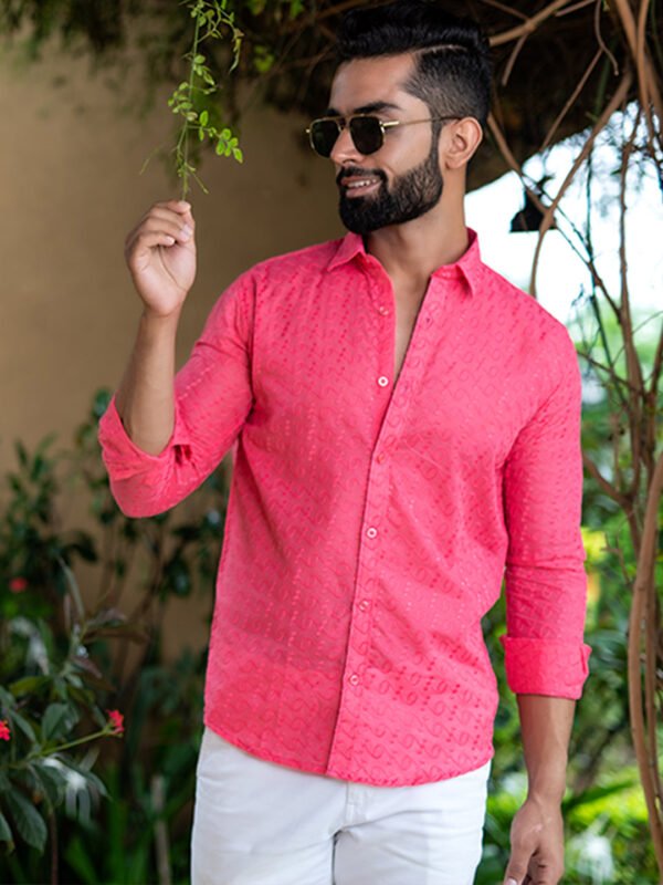 Pink Embroidered Full Sleeves Cotton Shirt