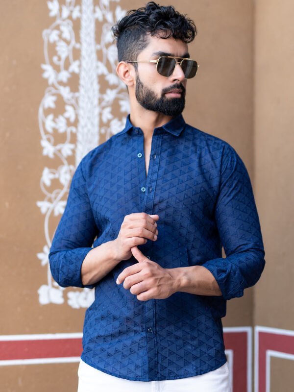 Blue Embroidered Full Sleeves Cotton Shirt