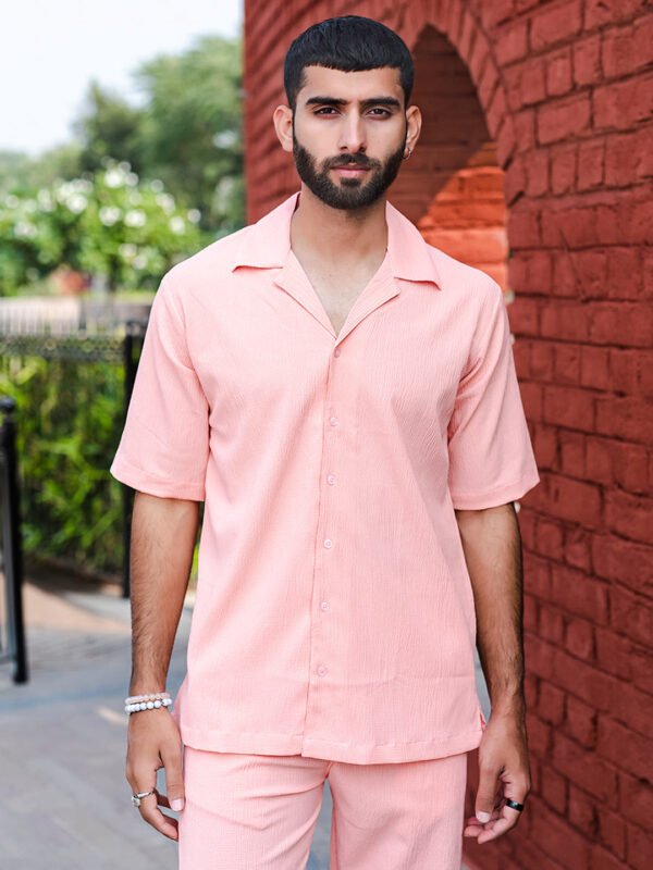 Pink Peach Oversized Popcorn Texture Half Sleeves Shirt