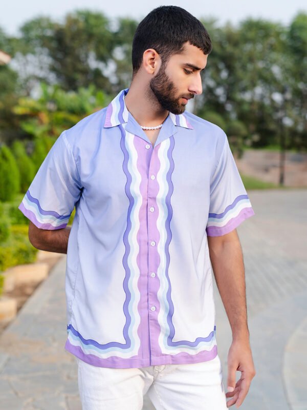 Minimal Wavy Line Printed Oversized Blue Iris Crepe Shirt