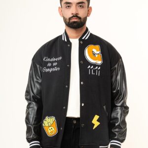 Black G With Leather Sleeves Varsity Jacket (Unisex)