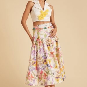 Garden Print Linen Midi Skirt